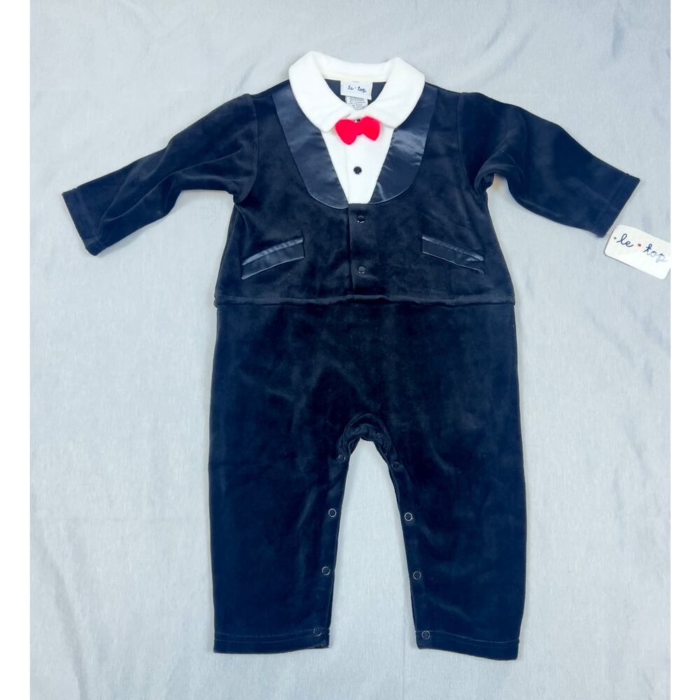 Vintage NWT LeTop Baby Boy Le Top Black Velvet Tuxedo Romper 18M Months Boutique
